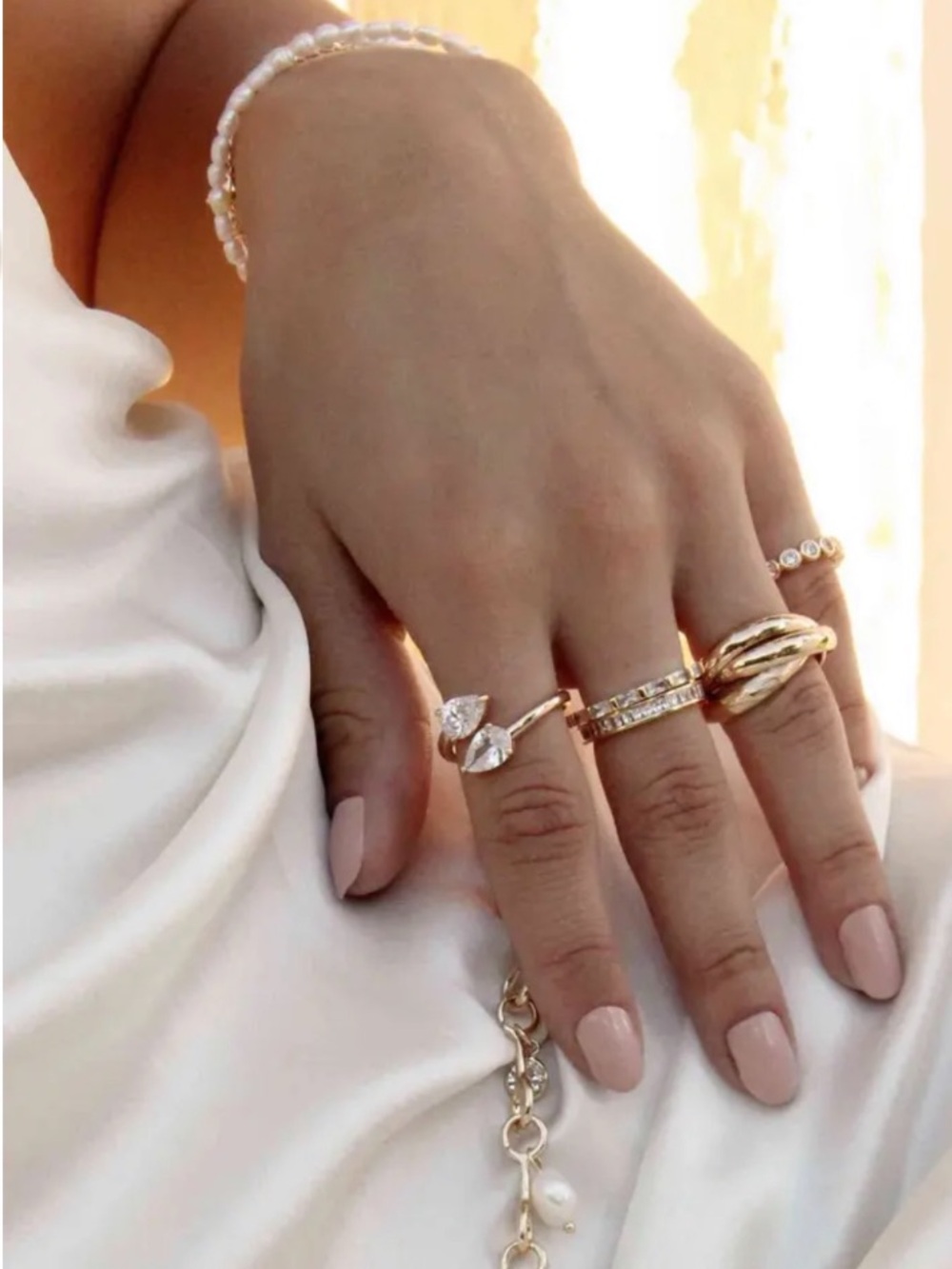 ettika Gold-Plated Open Double Teardrop Ring with Clear Stones
